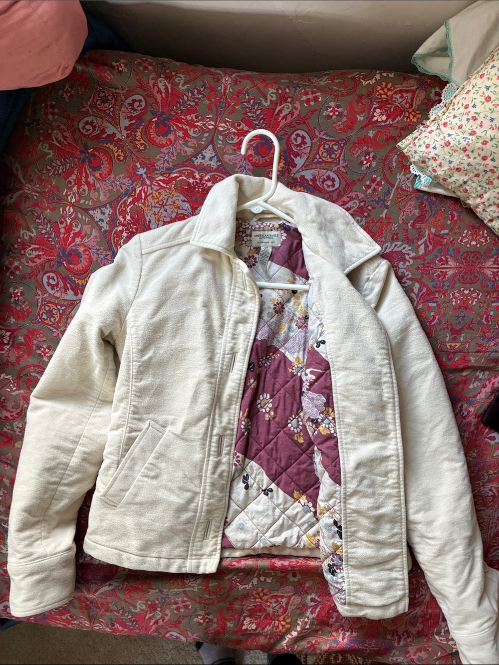 American Eagle Outfitters Cream Double-Breasted Blazer with Floral Lining